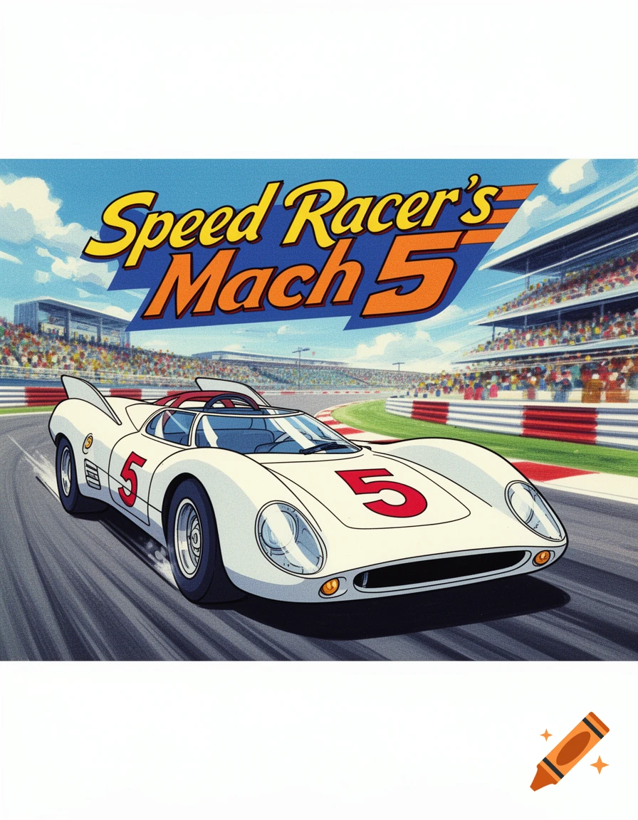 Speed Racer's Mach 5 white race car on a track, with a banner and spectators, in 1970s anime style.