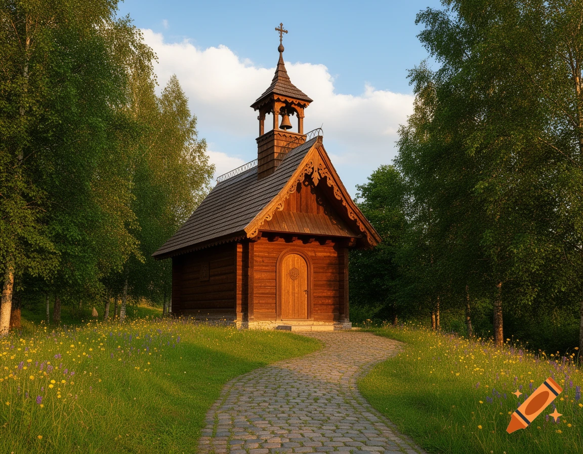 A photorealistic wooden chapel with a bell tower and cross, a cobbled path, green grass, wildflowers, and trees under a blue sky.