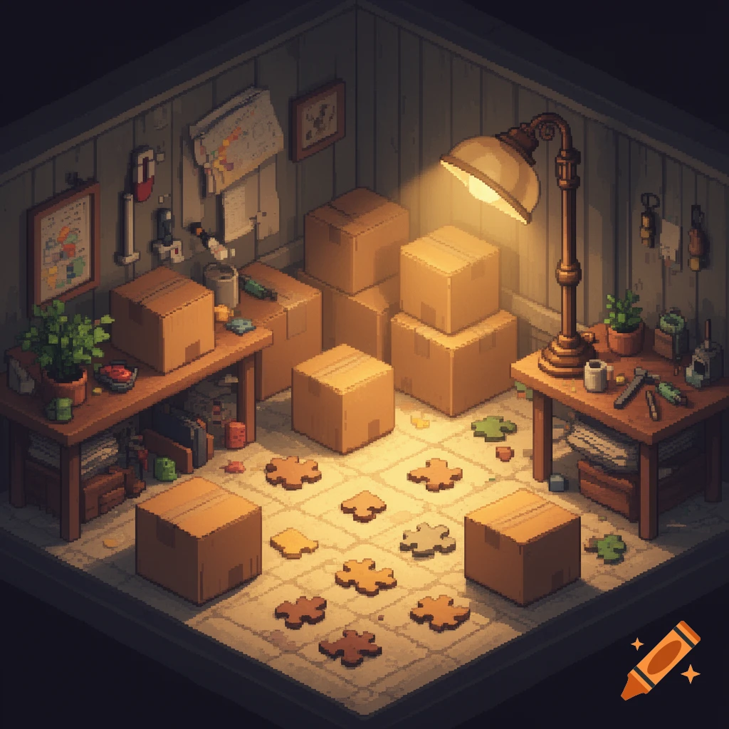 An isometric pixel art room is dimly lit by a floor lamp, showing cardboard boxes and scattered puzzle pieces on the tiled floor.
