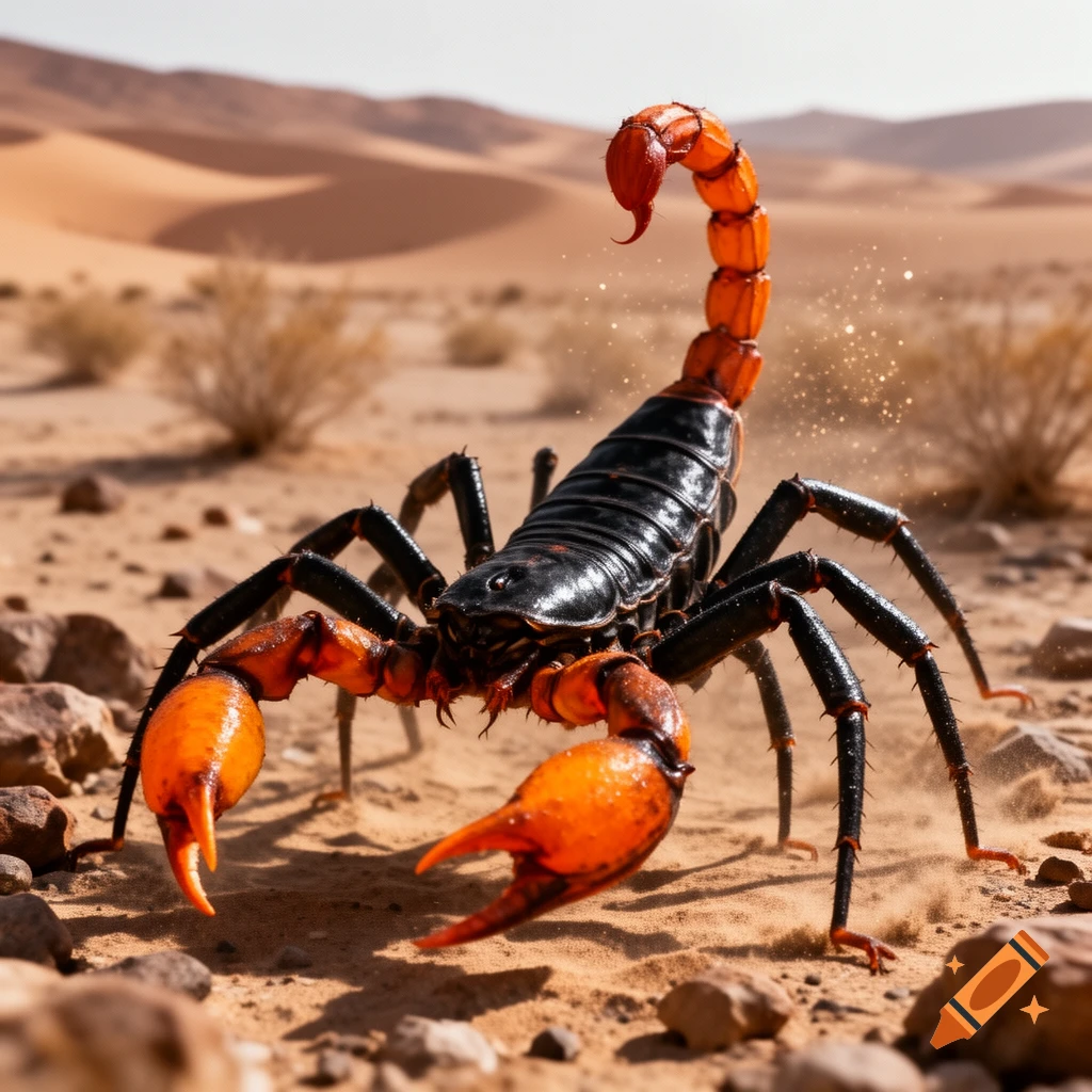 A close-up, photorealistic shot of a black scorpion with bright orange pincers and tail, standing on sandy ground in a desert landscape.