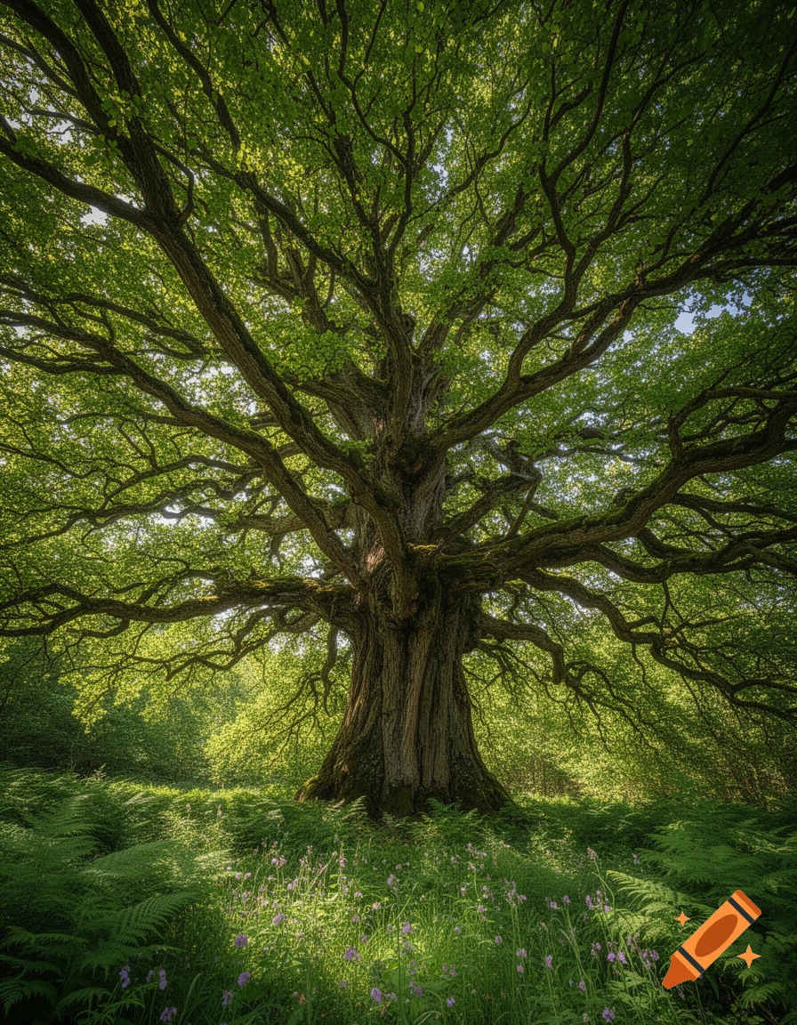 A majestic, ancient tree with sprawling branches and lush green leaves stands in a sun-dappled forest with ferns and wildflowers.