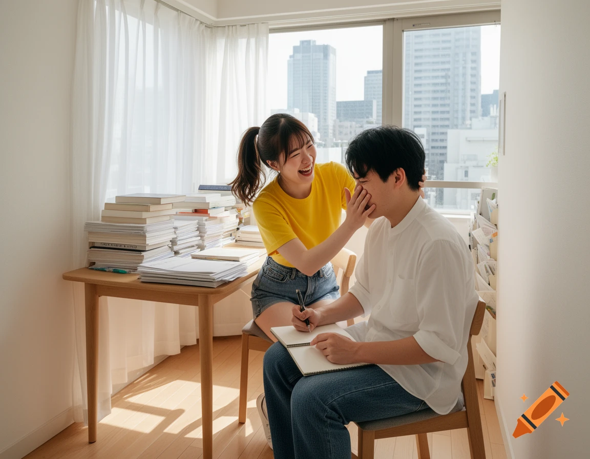 A smiling young woman in a yellow shirt playfully touches a man's face while he writes in a notebook at a desk piled with books, against a window with a city view.