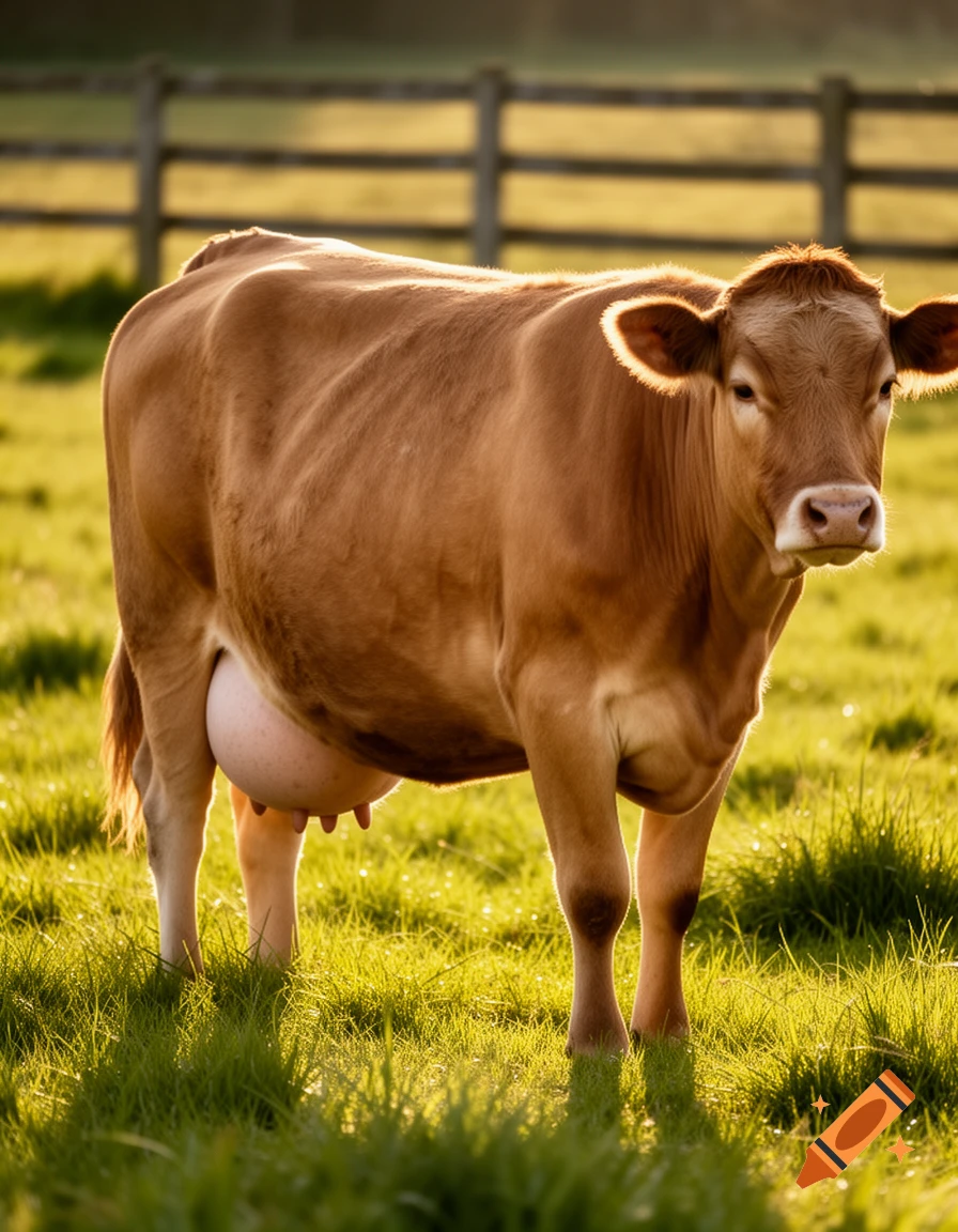 A brown cow with prominent udders stands in a sunlit green field with a wooden fence in the background, photorealistic.