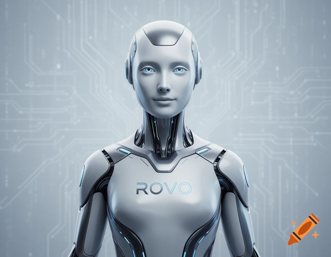 Close-up of a futuristic white and metallic humanoid robot with glowing blue eyes and a 'ROVO' logo on its chest, set against a circuit board background.