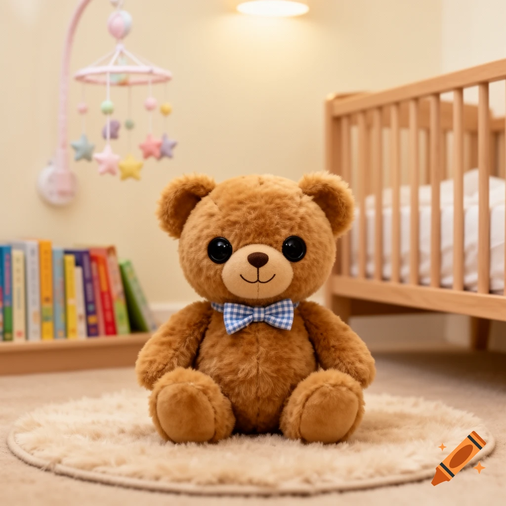 A fluffy brown teddy bear with a blue checkered bow tie sits on a cream rug in a bright nursery with a crib and mobile.