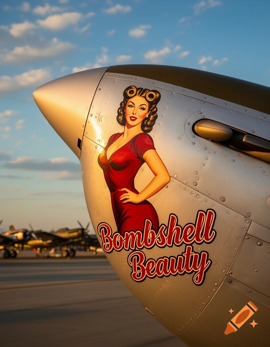 Close-up of a silver aircraft nose with vintage pin-up art of a woman in a red dress and 'Bombshell Beauty' text, under a blue sky.