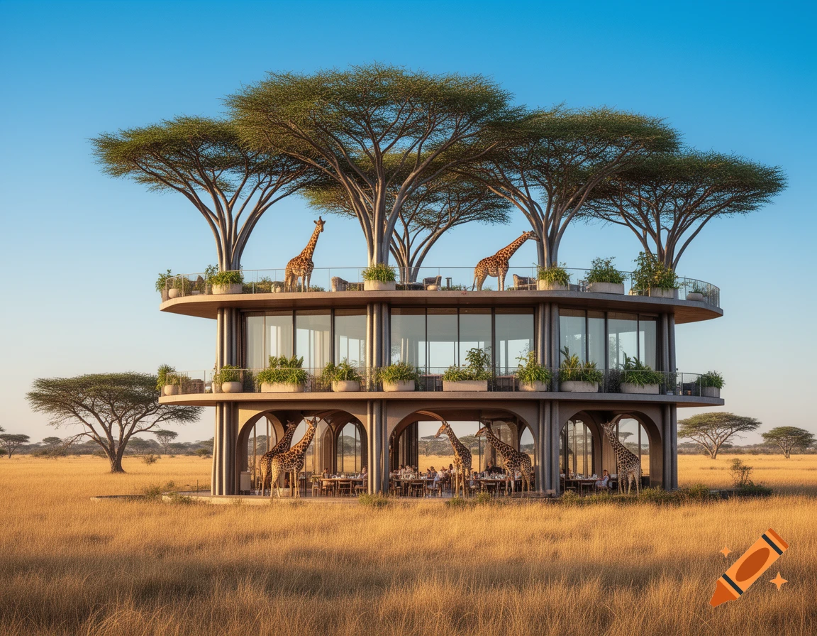 A unique, multi-story hotel with giraffes on balconies and inside, featuring umbrella-like trees and glass walls, set in a golden savanna.