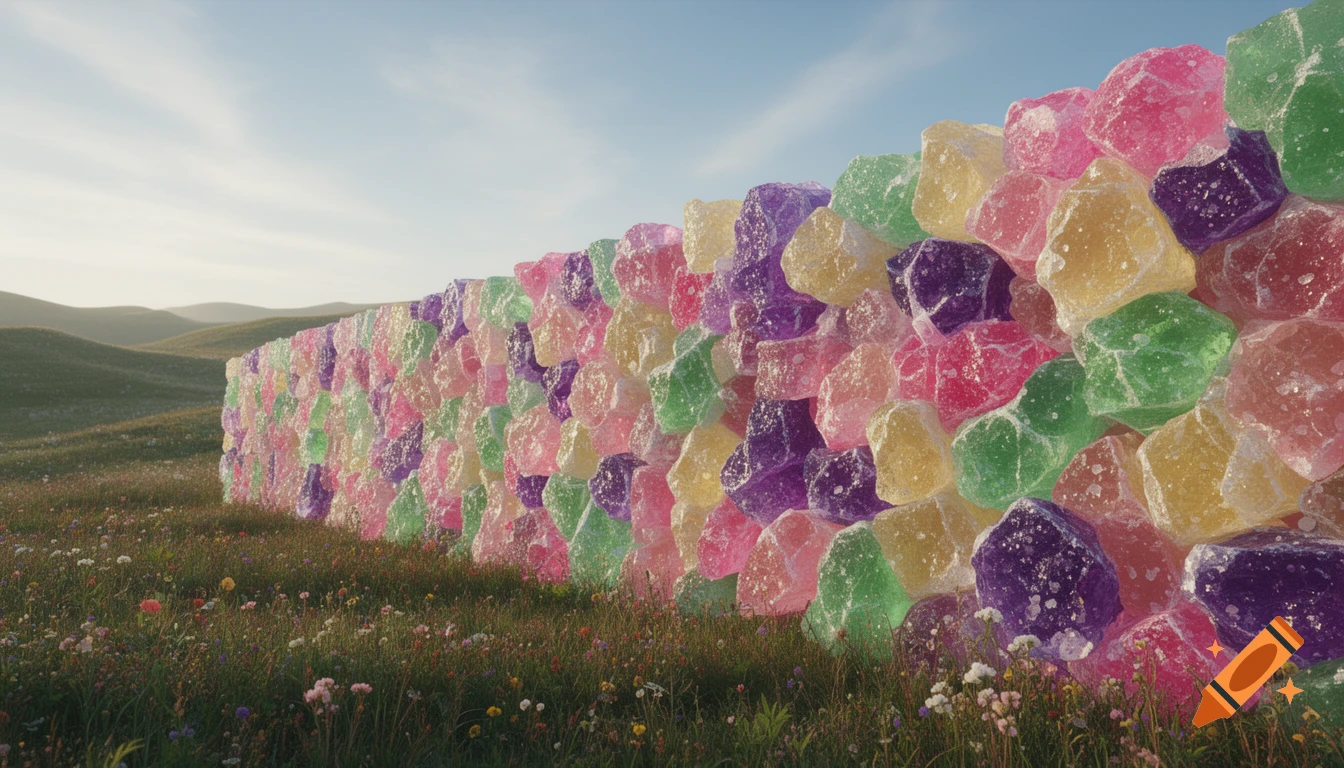 A long wall made of colorful, translucent rock candy stretches across a lush green landscape with hills under a bright sky, surrounded by wildflowers.