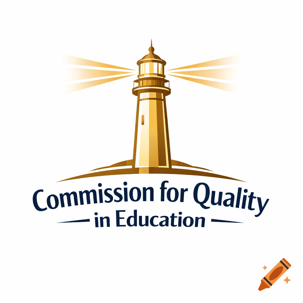 A stylized logo featuring a golden lighthouse emitting light rays, with the dark blue text "Commission for Quality in Education" below it.