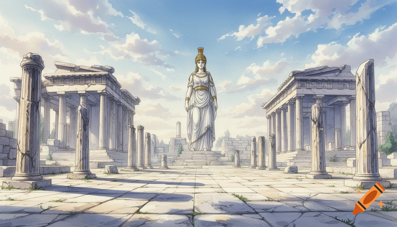 A gigantic Athena marble statue stands in the center of ancient Greek ruins, with temples and columns, in an anime watercolor style.