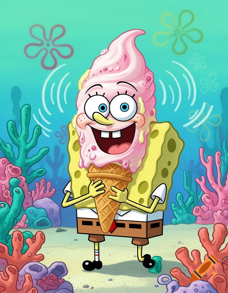SpongeBob SquarePants smiles happily, covered in melting pink ice cream while holding an ice cream cone underwater.