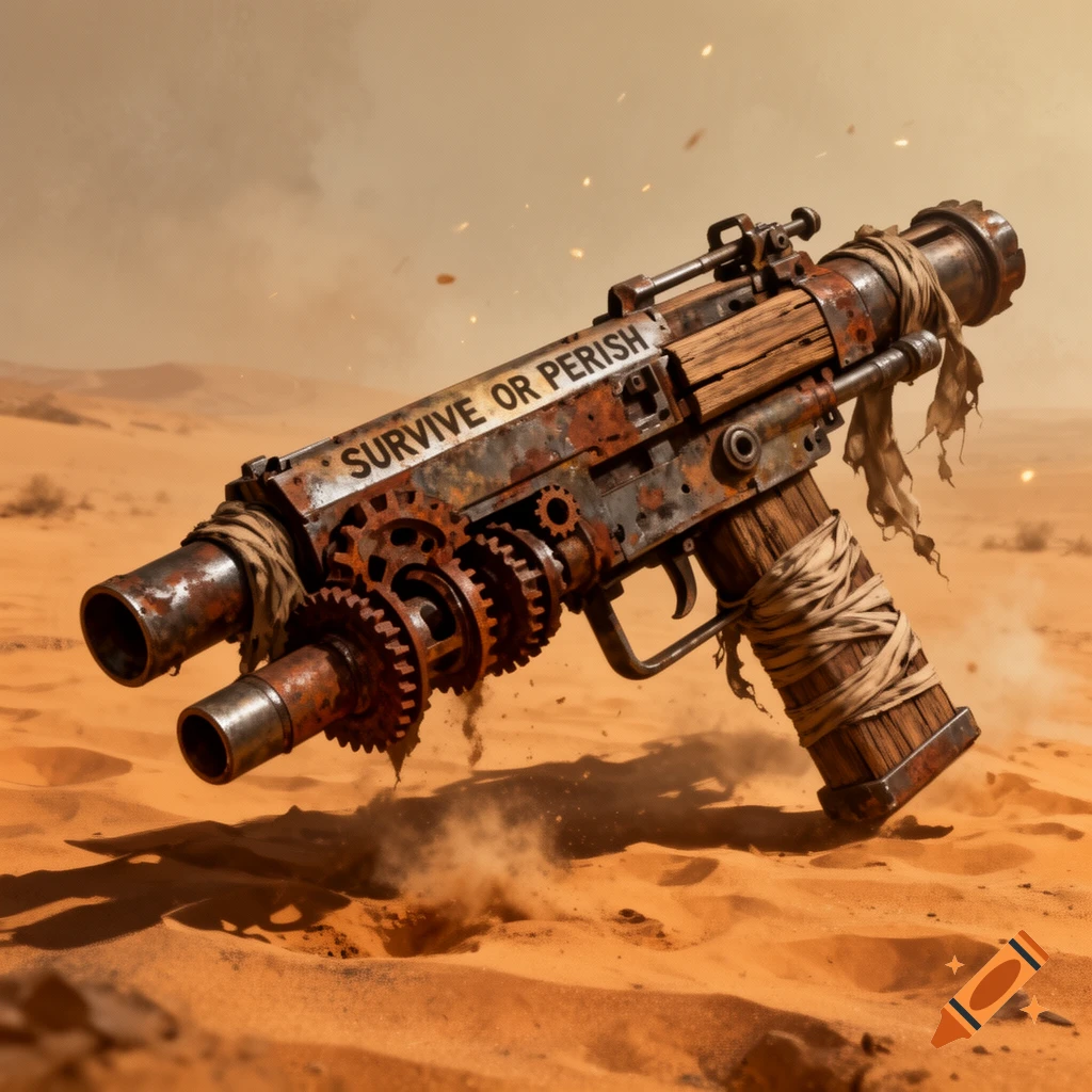 A rusty, makeshift post-apocalyptic firearm with gears and wrapped wood, featuring 'SURVIVE OR PERISH' text, in a desert.
