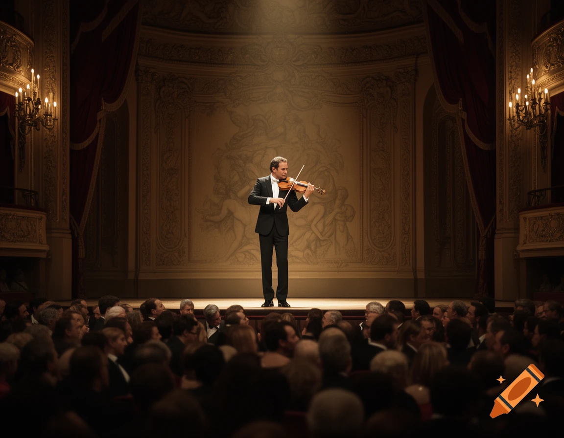 A male violinist performing on a spotlighted stage in a grand opera house before a seated audience.
