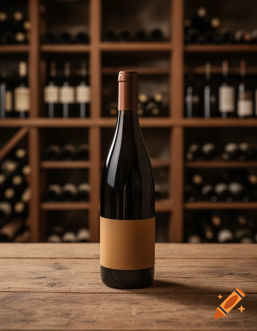 A dark wine bottle with a blank camel-colored label on a rustic wooden table in a blurred wine cellar.