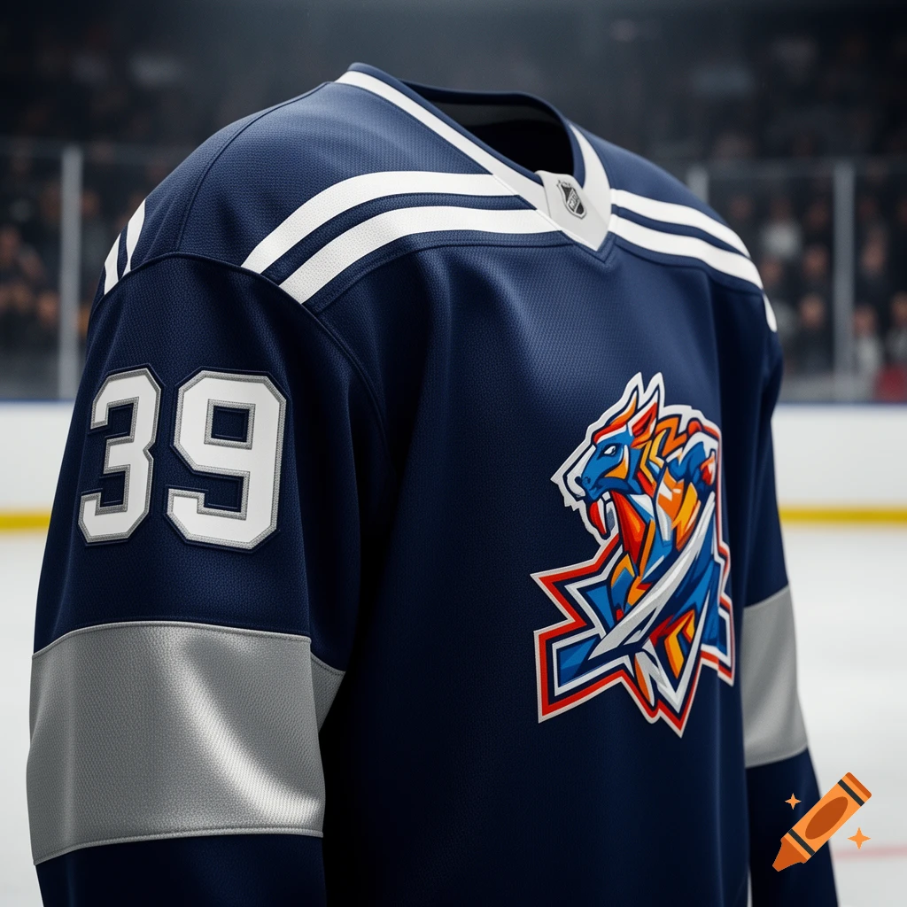 Close-up of a navy blue hockey jersey with white stripes, a dynamic blue and orange creature logo, and the number 39 on the sleeve.