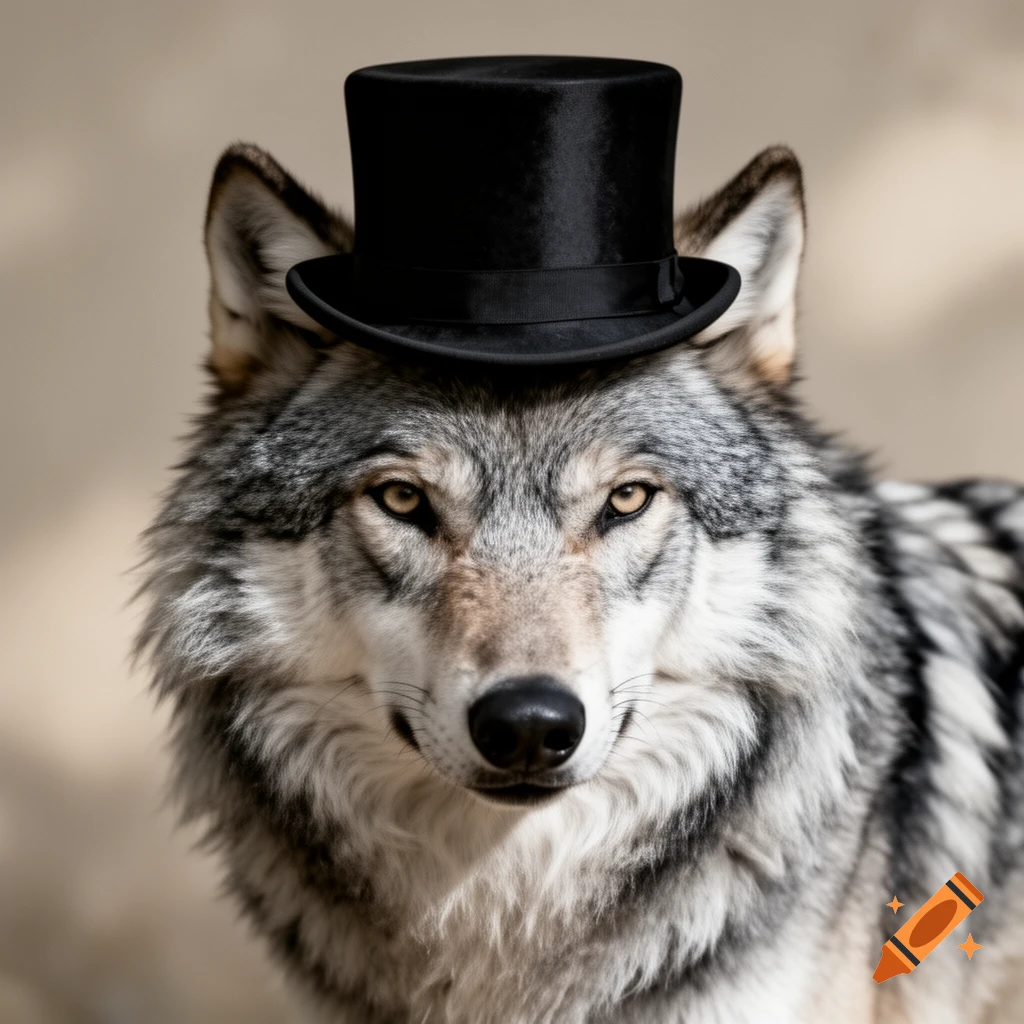 A photorealistic close-up of a gray wolf wearing a black top hat, looking directly forward.