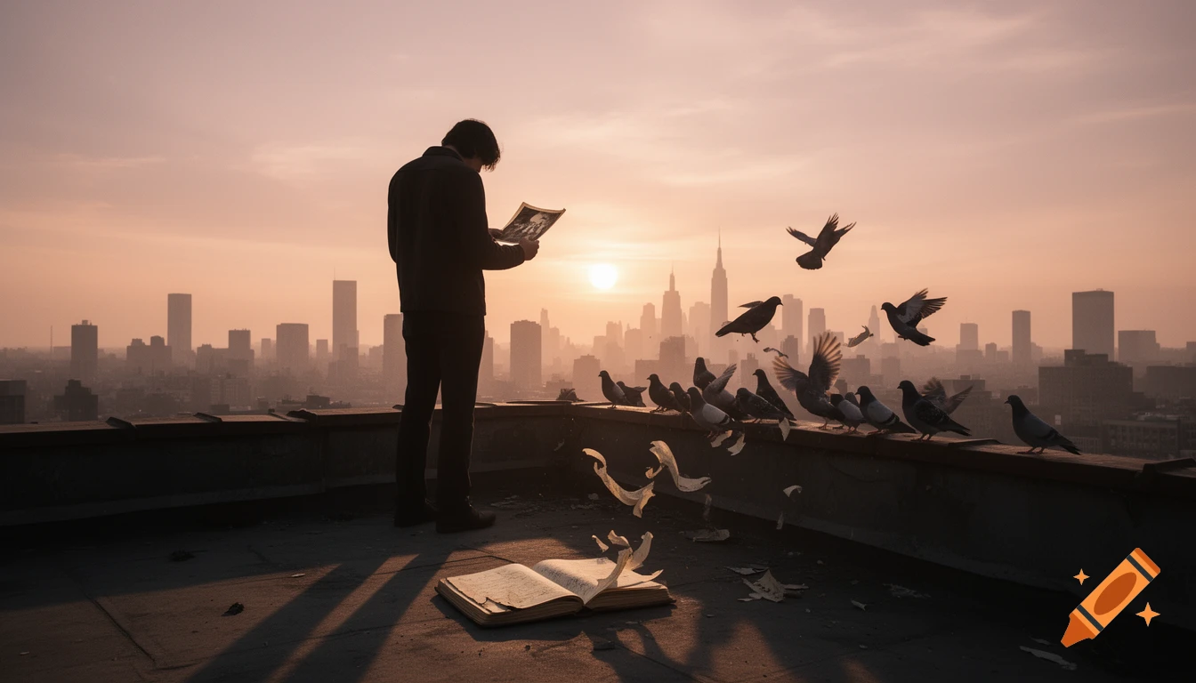 A shadowy figure stands on an urban rooftop at sunrise, holding a photo as pigeons and journal pages scatter over a city skyline.