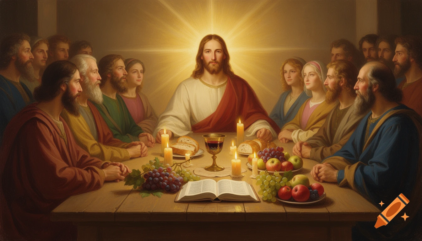 Classical religious painting of Jesus with disciples at a table, glowing with divine light, with bread, wine, and an open Bible.