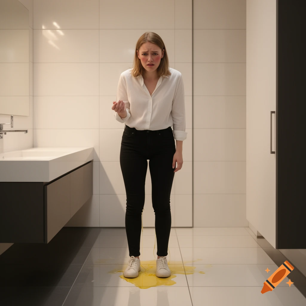 A photorealistic image of an embarrassed woman standing in a modern bathroom with yellow liquid on the tiled floor between her feet.