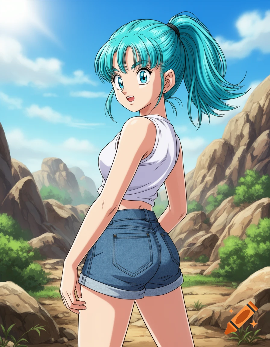 Anime character Bulma from Dragon Ball with teal hair, wearing a white tank top and jean shorts, looking back in a rocky landscape.