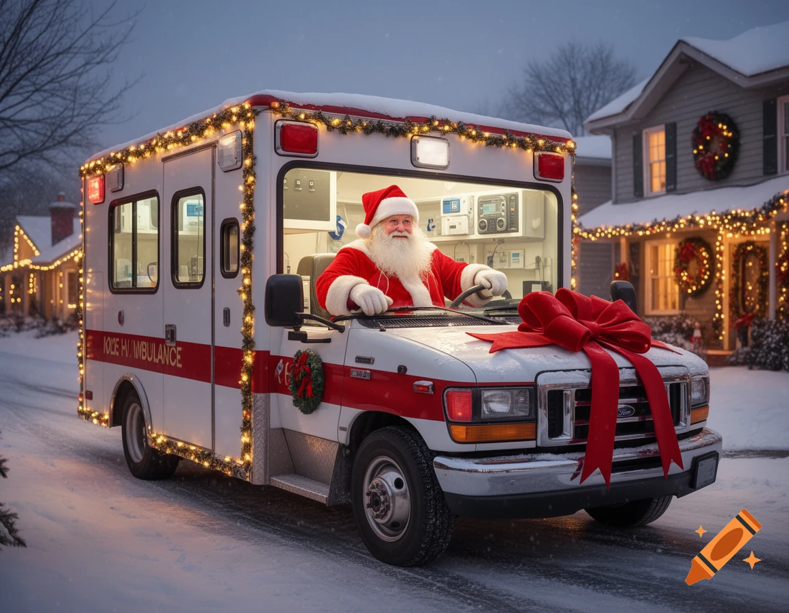Santa Claus drives a Christmas-decorated ambulance through a snowy neighborhood, adorned with a large red bow on the hood.