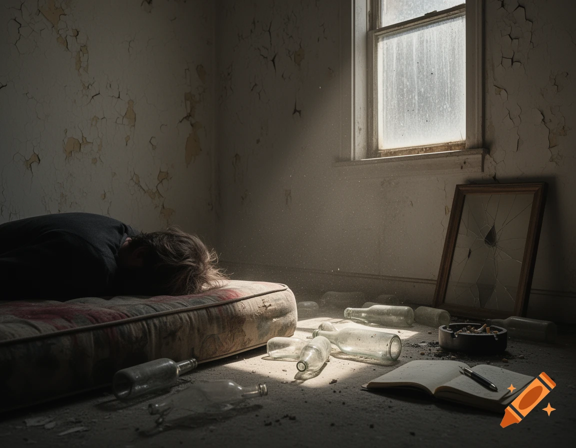 A person lies on a stained mattress in a dilapidated room, surrounded by empty bottles, a broken mirror, and an open journal, illuminated by dusty window light. Photorealistic.