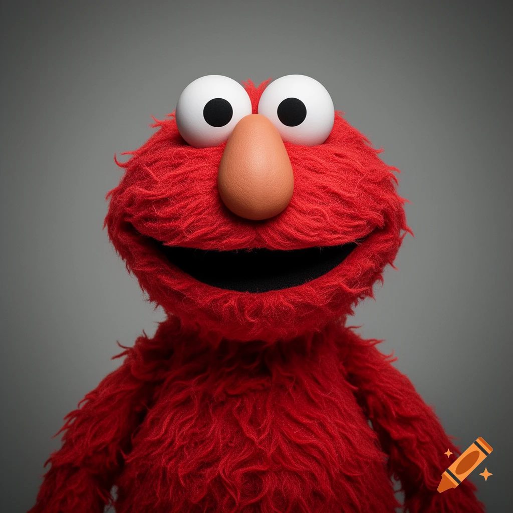 A photorealistic close-up of Elmo with a brown human-shaped nose, against a grey background.