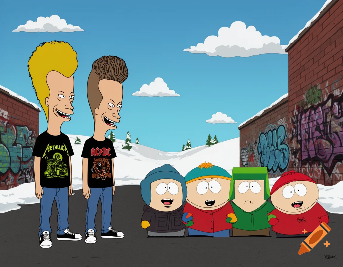Beavis and Butthead stand alongside the four main South Park characters in a snowy, urban alley with graffiti-covered brick walls.