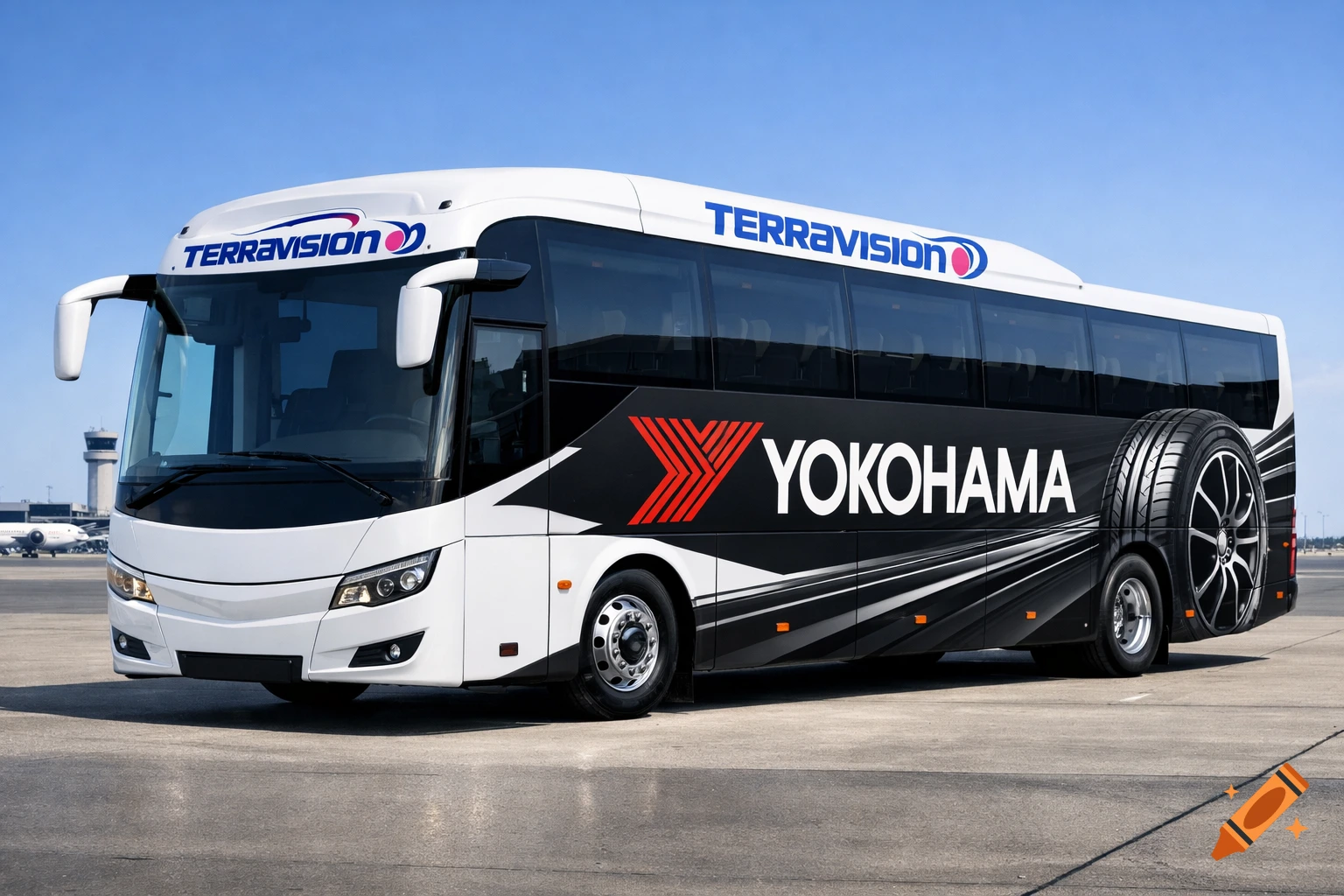 Photorealistic white Terravision shuttle bus with Yokohama tire branding on airport tarmac under clear sky.
