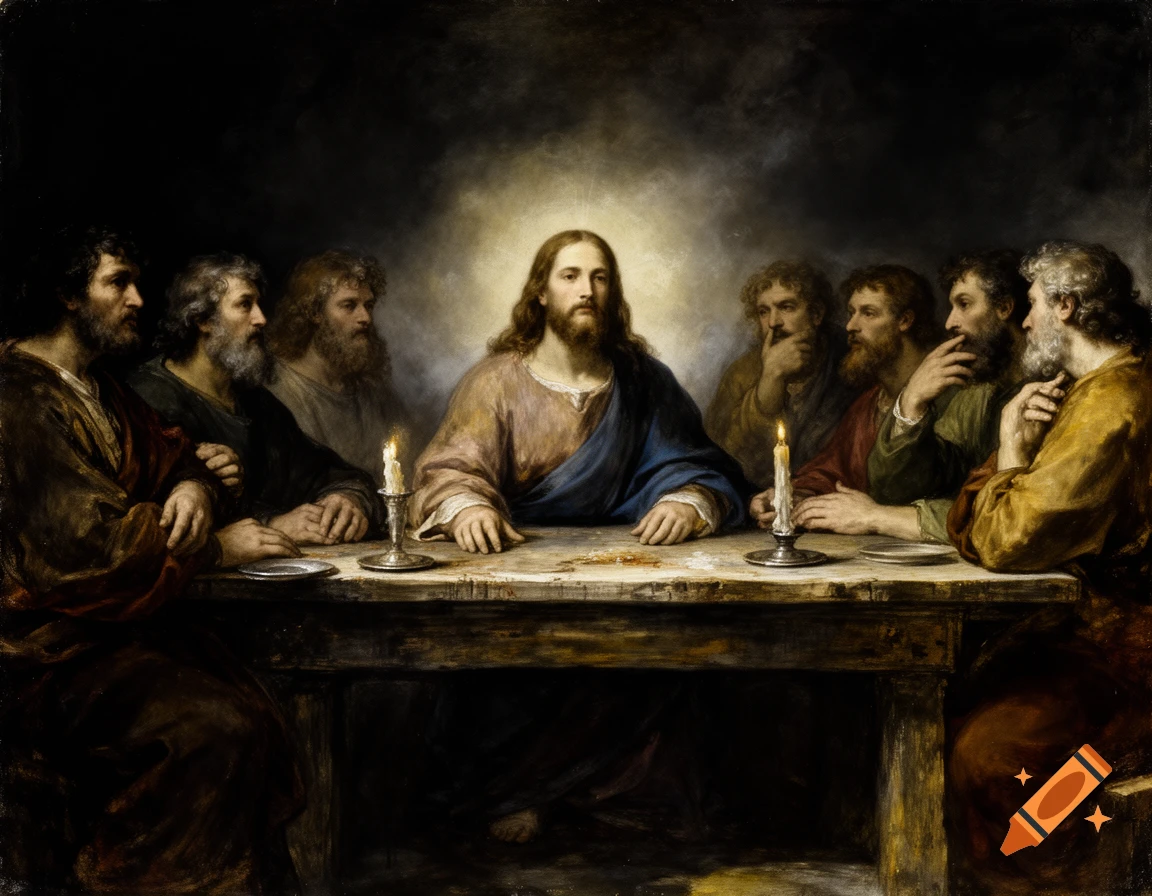A dark, dramatic painting in the style of Goya depicts Jesus and seven disciples at a wooden table, illuminated by a glowing light and candles.