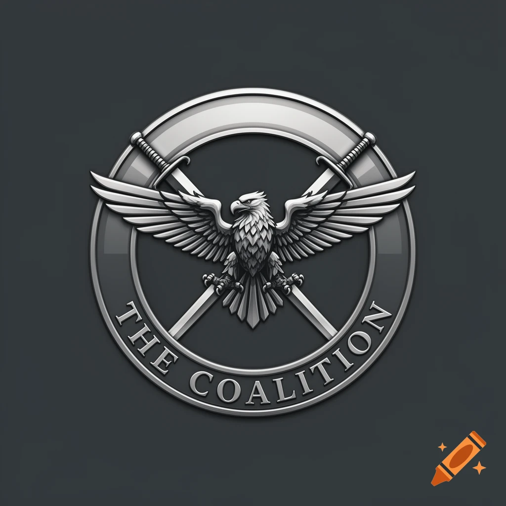 A metallic silver logo featuring a spread-winged eagle holding two crossed swords, encircled by the text "THE COALITION".