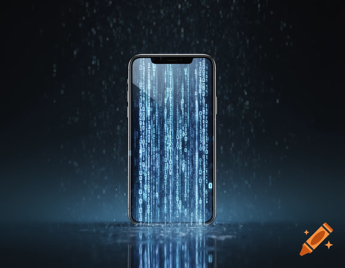 A smartphone screen displaying glowing blue binary code flowing downwards, reflecting on a dark surface.