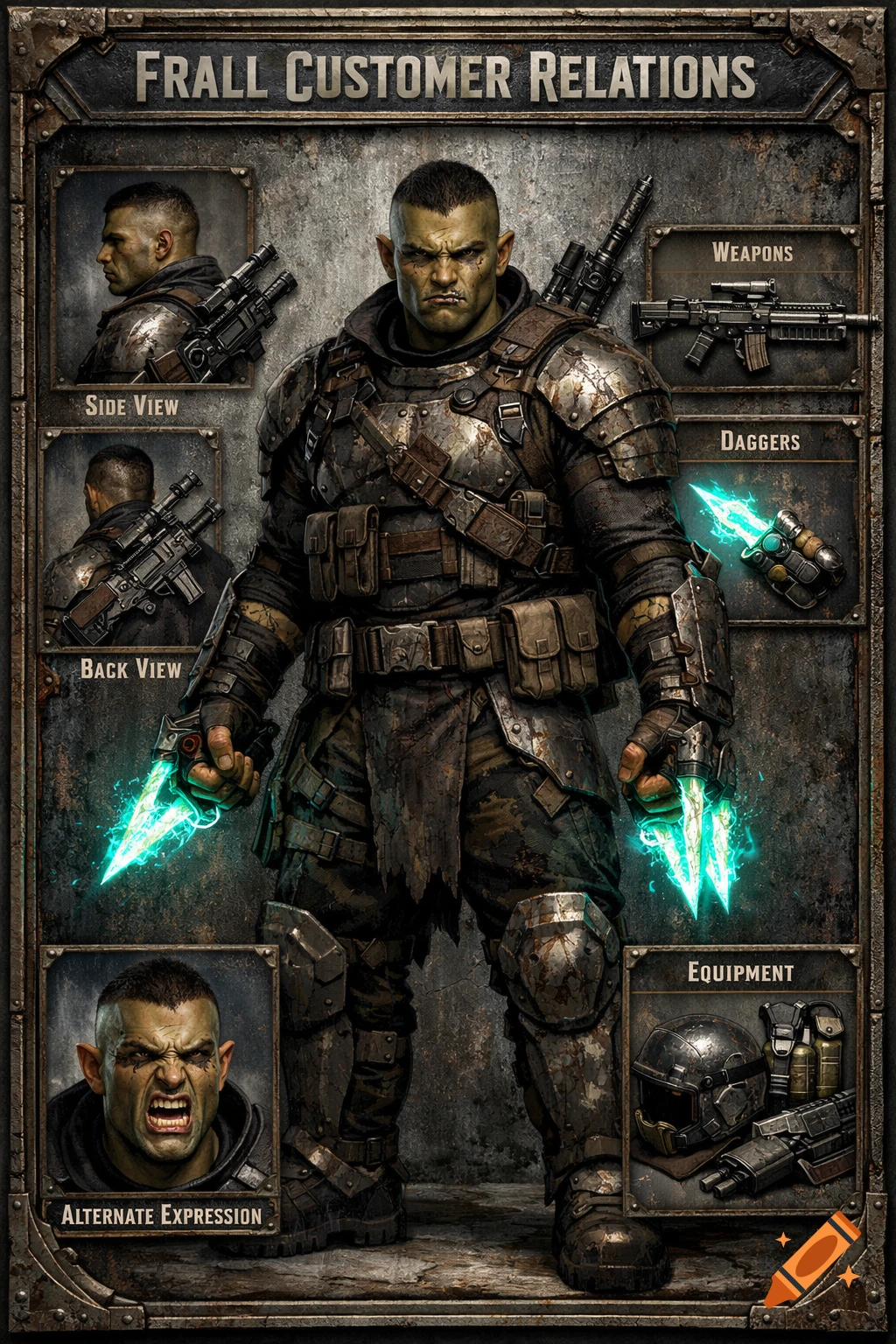 A half-orc warrior in worn metal armor holds glowing daggers, with a rifle on his back. A character reference sheet includes side, back, and alternate expression views, plus weapon and equipment details.