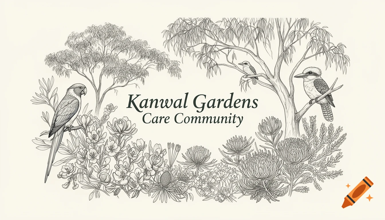 Line drawing of Australian birds, eucalyptus trees, and native plants surrounding the text 'Kanwal Gardens Care Community'.