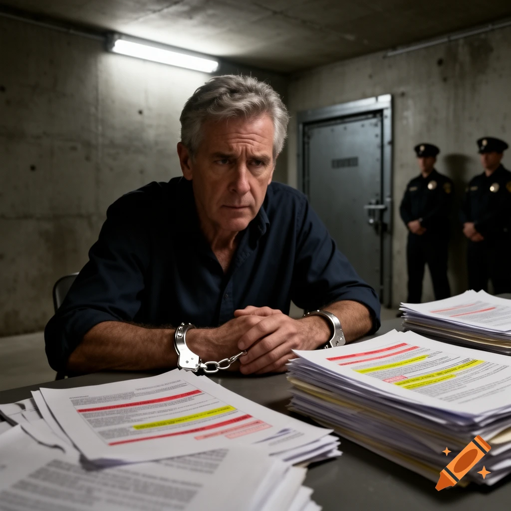 A man in handcuffs sits at a table covered in documents in an interrogation room, with two police officers in the background.