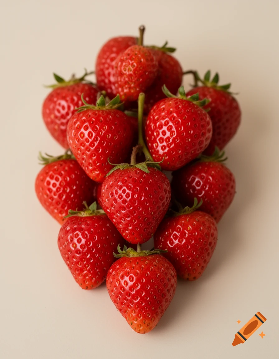 A close-up shot of a pile of vibrant red strawberries, arranged in a cluster against a plain light background.