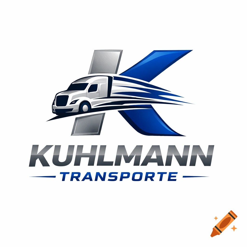 Logo for Kuhlmann Transporte with a white semi-truck speeding through a blue and silver K, text reads KUHLMANN TRANSPORTE.