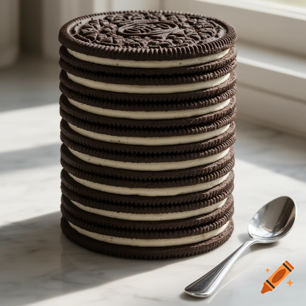 A tall stack of Oreo cookies with white cream centers sits on a marble ...