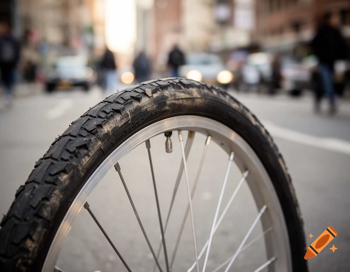 Close-up of a dirty bicycle tire and silver wheel with spokes, on a blurred city street with cars in the background.
