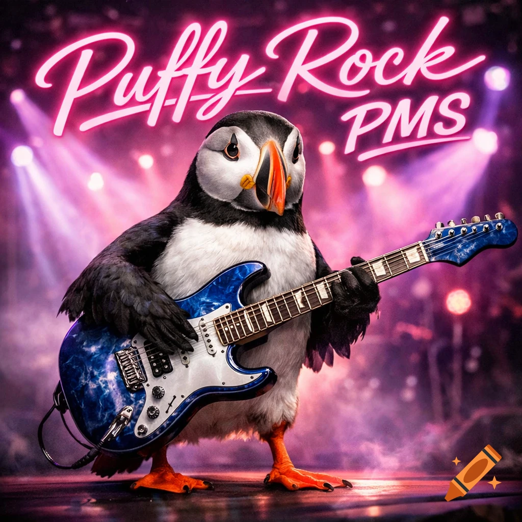 A photorealistic puffin plays a blue electric guitar on a stage under pink neon lights, with 'Puffy Rock PMS' text overhead.