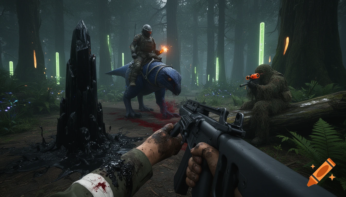 First-person view of a forest battle with a soldier riding a blue ...