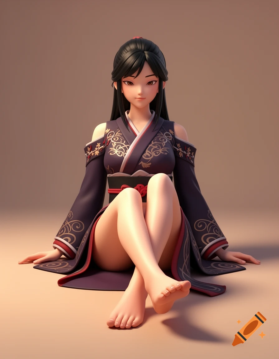 A 3D anime-style illustration of a female character with black hair, wearing a purple and gold traditional outfit, sitting with crossed legs and bare feet on a warm background.