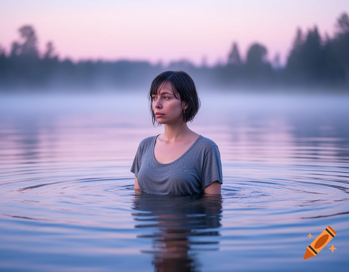 A woman with short dark hair and a grey t-shirt stands in misty lake water at dawn, looking away with a contemplative expression.