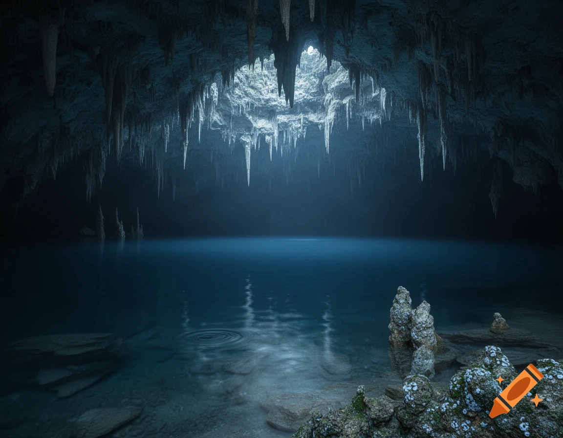 A serene, photorealistic image of a dark underground cave with a calm blue lake reflecting faint light from above, surrounded by stalactites.
