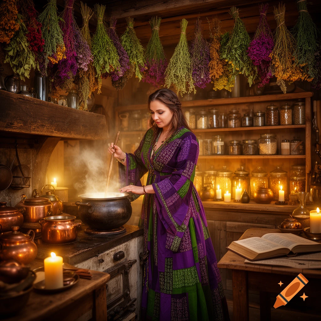 A woman in a vibrant purple and green patterned dress stirs a bubbling cauldron in a cozy, candlelit witch's kitchen filled with hanging herbs, glass jars, and copper pots.
