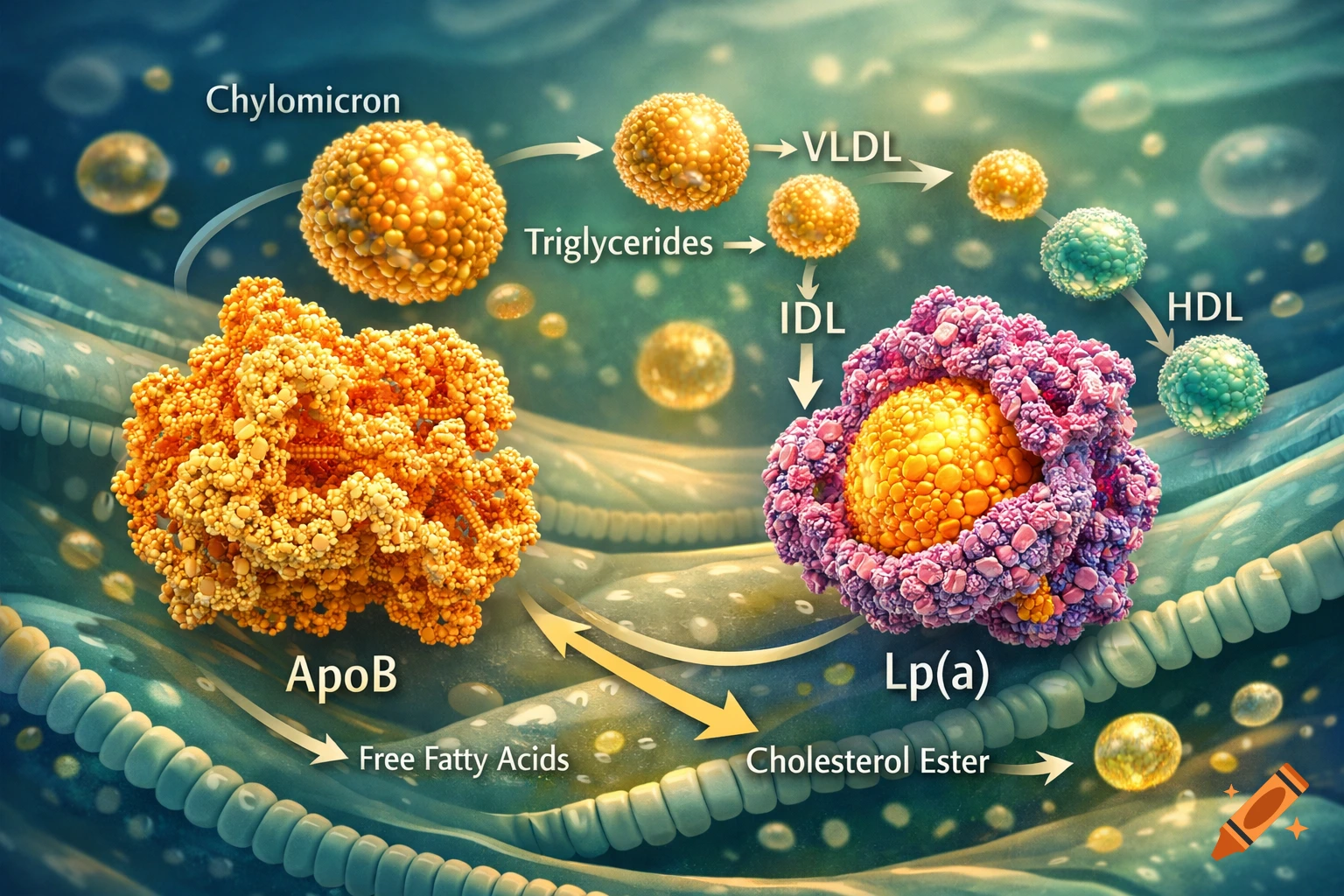 A detailed 3D scientific illustration of the endogenous lipid pathway, showing various lipoproteins and molecules.