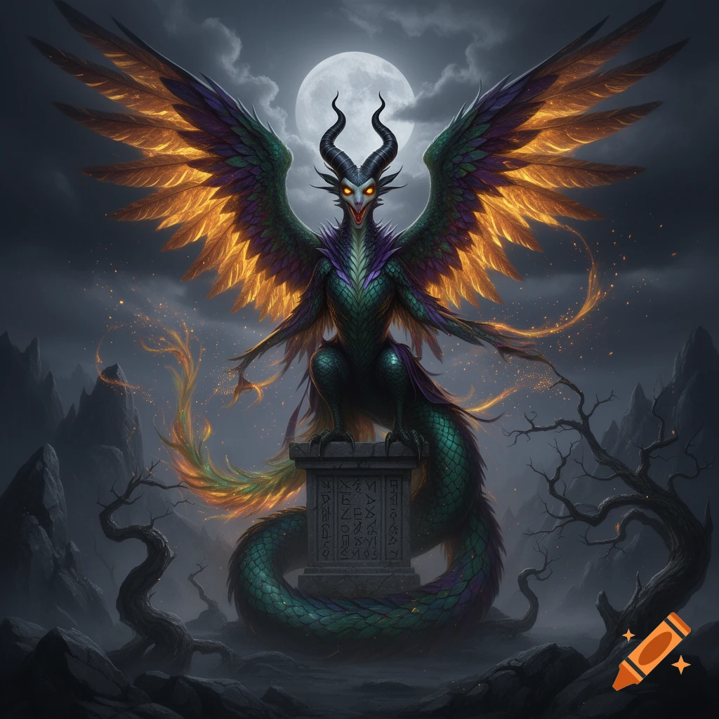 A dark fantasy image features a horned, green and purple dragon-phoenix creature with fiery orange wings perched on a runic pedestal under a full moon in a rocky, barren landscape.