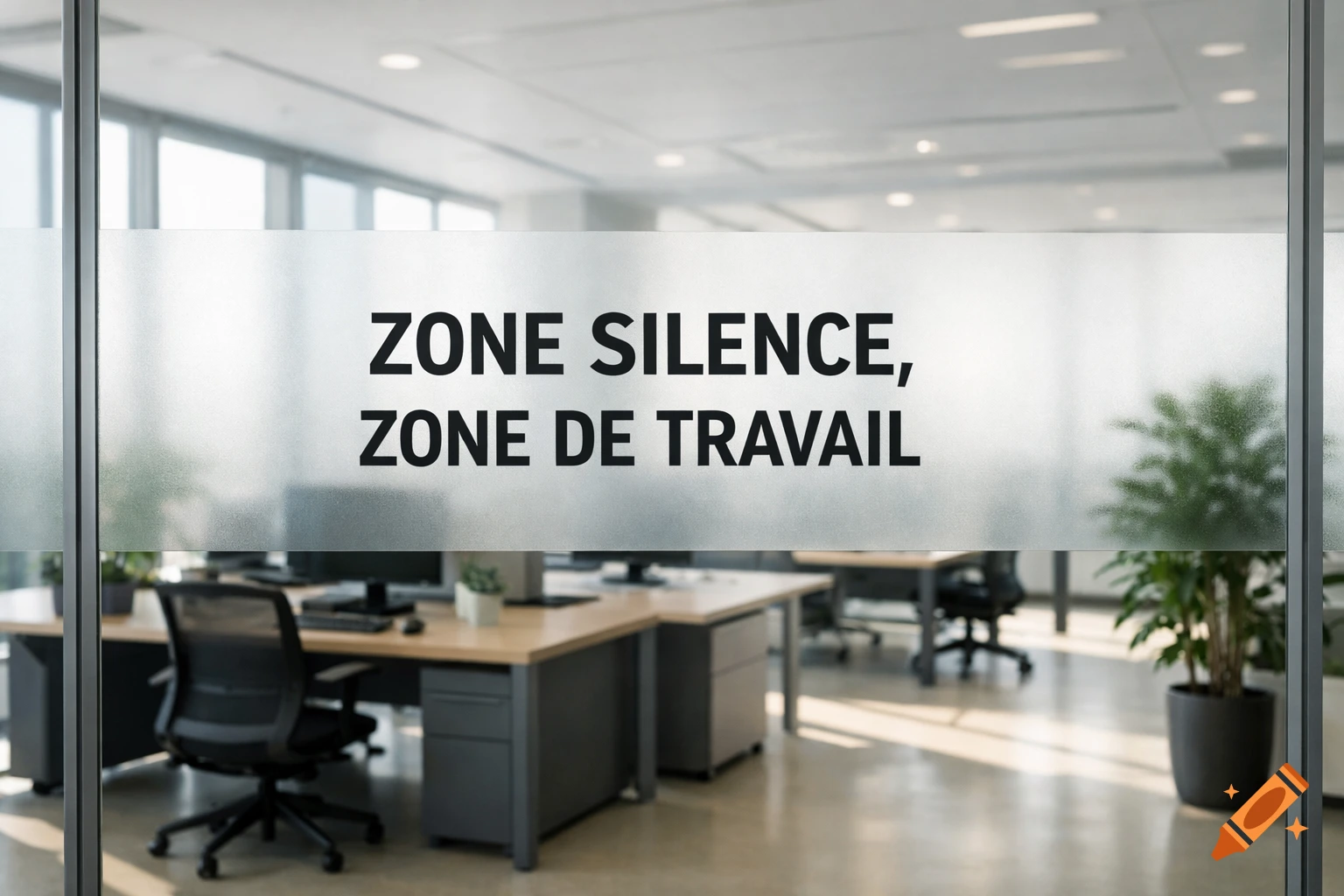 Photorealistic image of an empty modern office with 'ZONE SILENCE, ZONE DE TRAVAIL' on a frosted glass door.