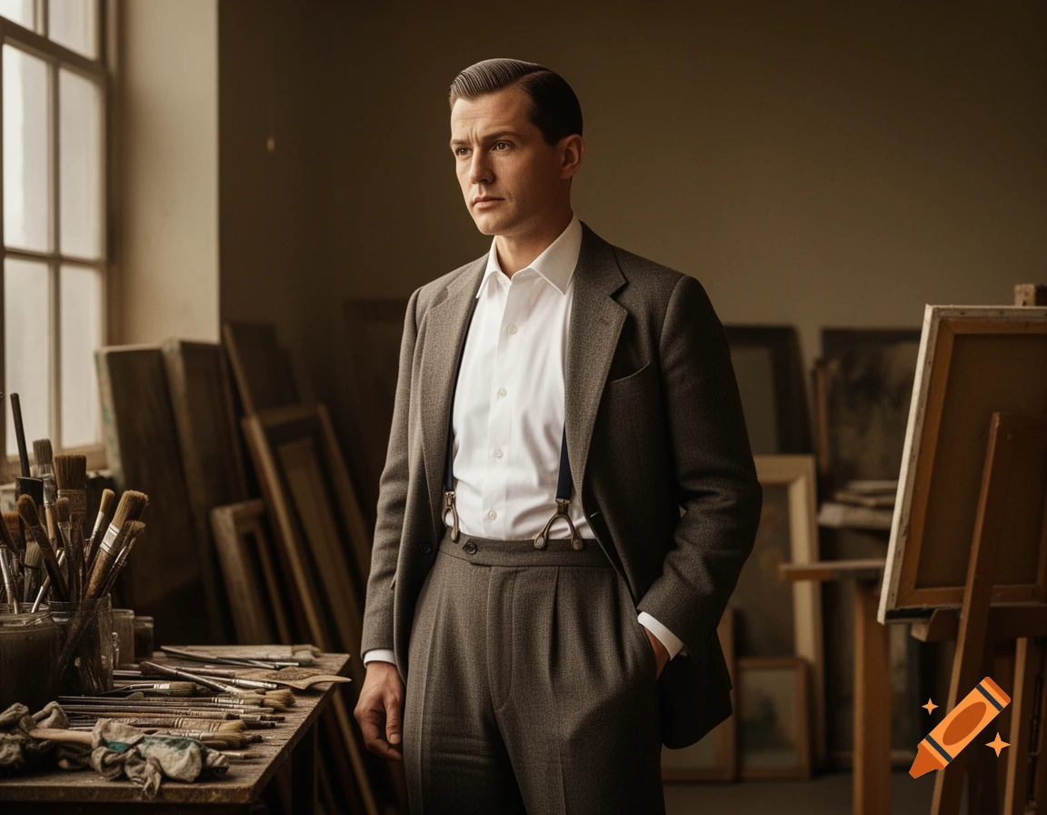 A photorealistic portrait of a man in a vintage suit and suspenders standing in an art studio filled with canvases and paintbrushes.