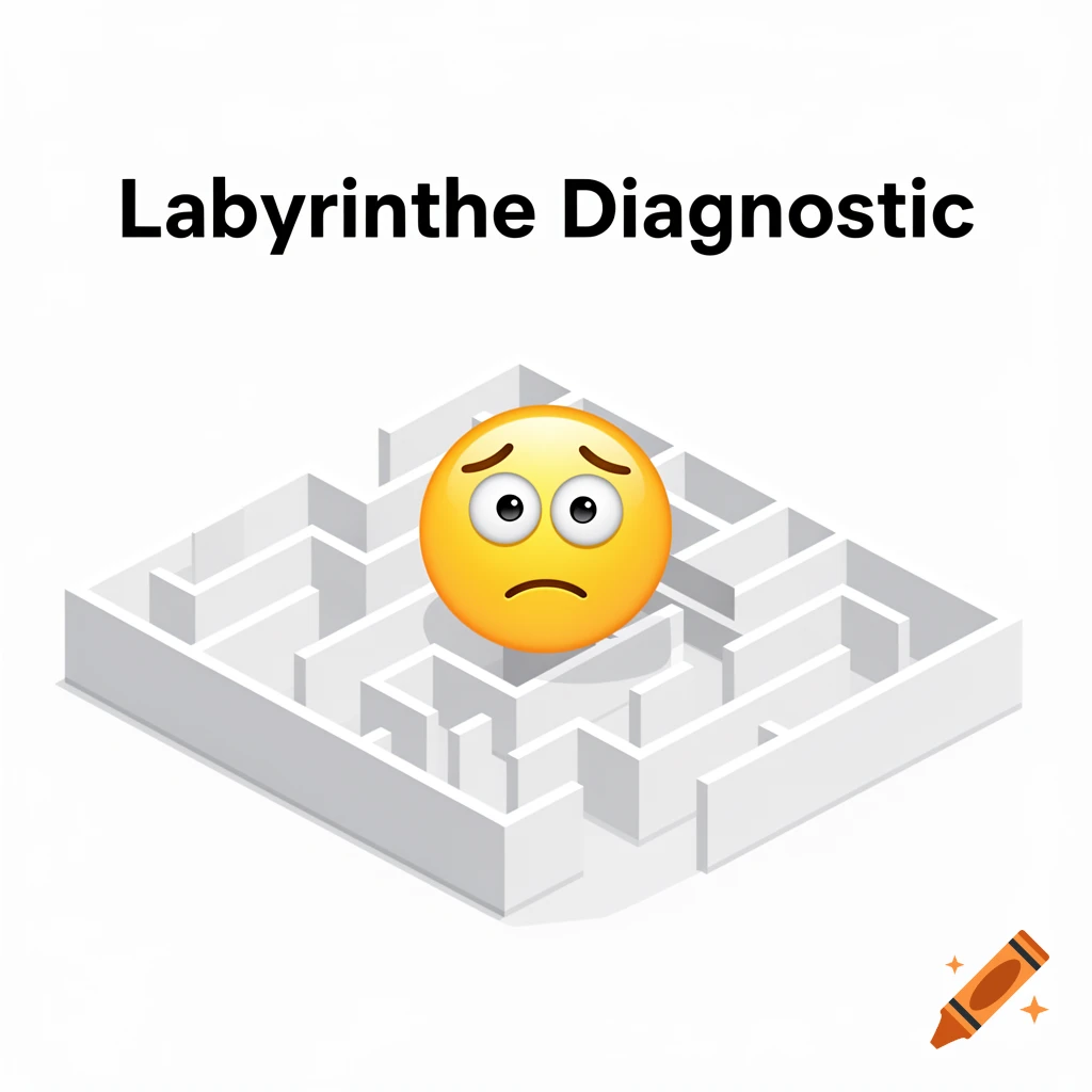 Worried emoji floats above a white isometric maze with "Labyrinthe Diagnostic" text.